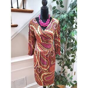 Talbots Women Multicolor Polyester V-Neck Long Sleeve Knee Length Dress Size 10P